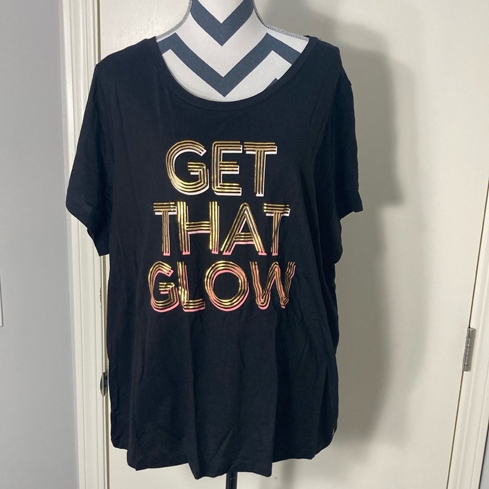 Torrid Black Tee with Gold and Pink 'Get That Glow' Graphic